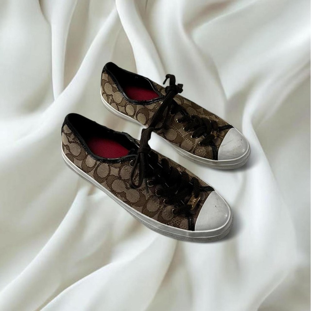 Coach empire brown signature monogram canvas sneakers white rubber caps y2k